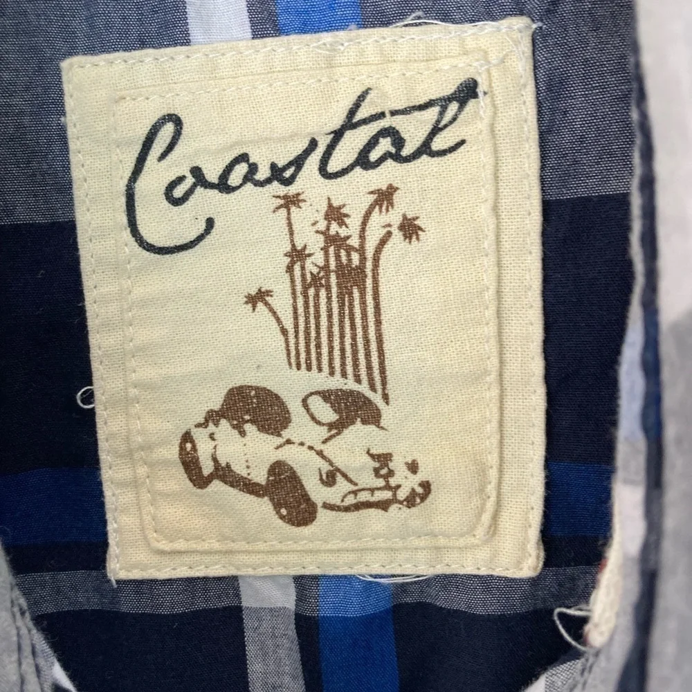 Coastal men’s pearl snap shirt size L blue & white plaid long sleeve Vintage